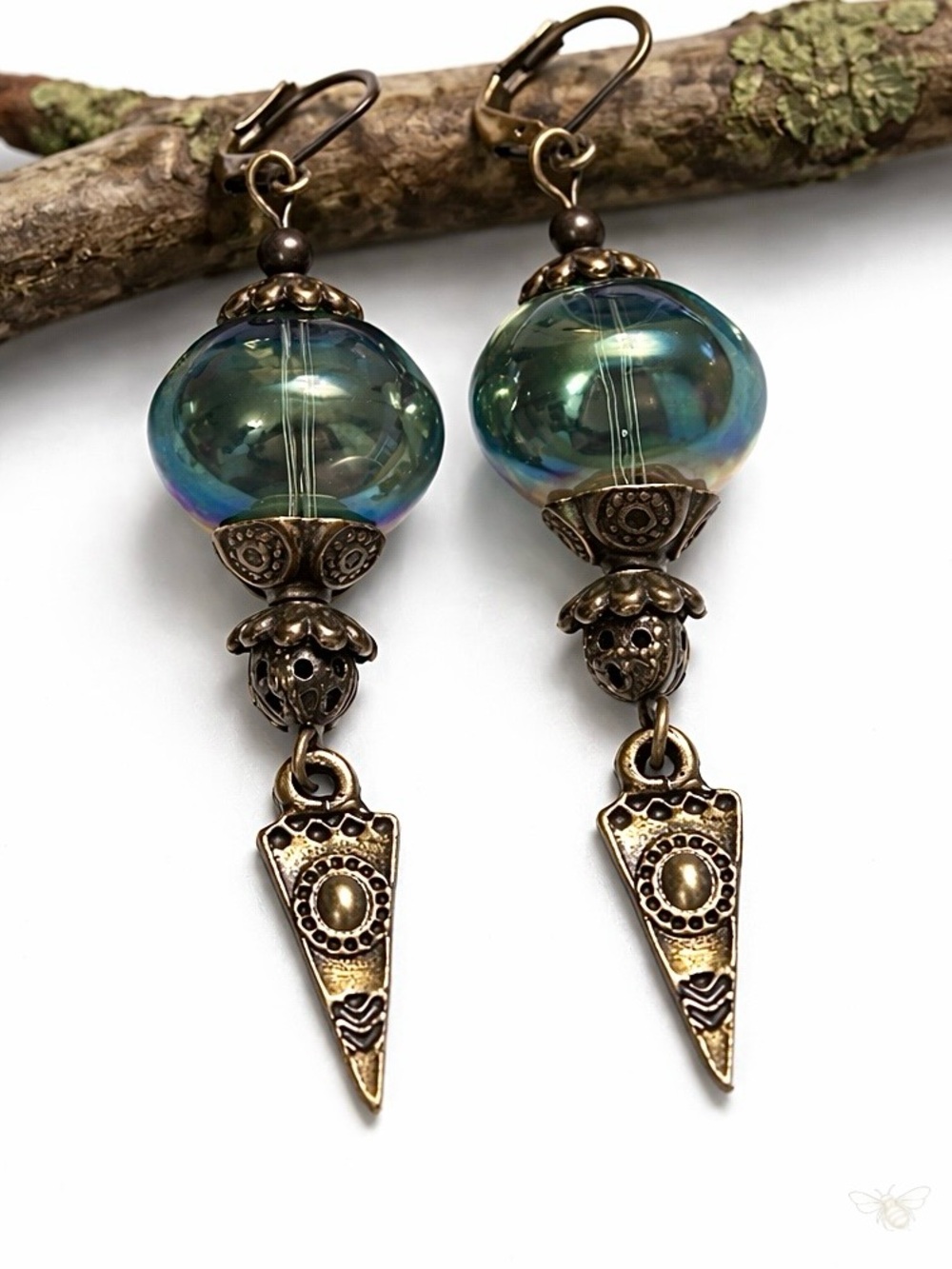 Boho Iridescent Czech Glass Earrings • Antique Copper Dangle • Artisan Style